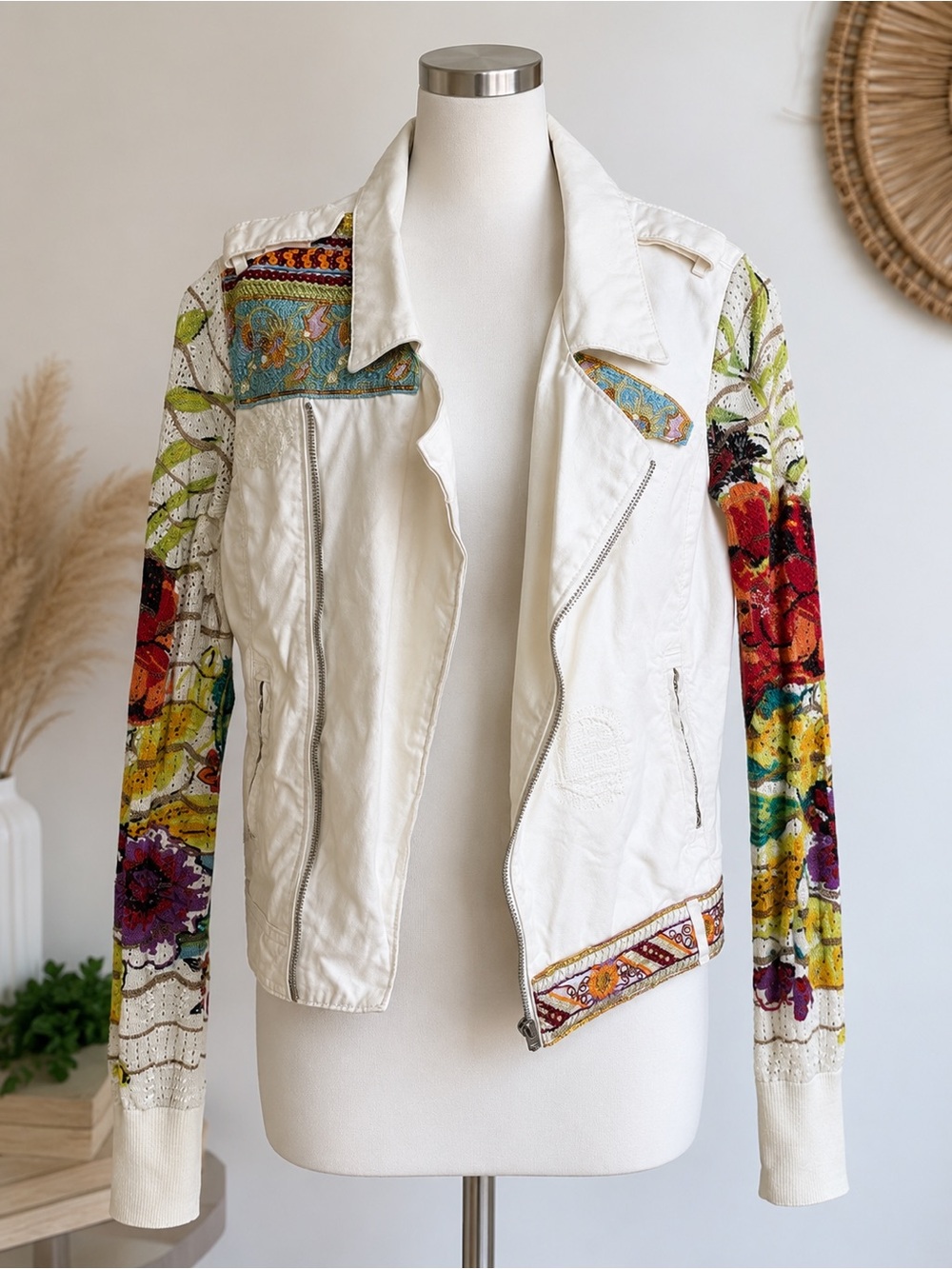 Desigual Margherita biker jacket Embroidered Multicolor Sleeve Moto Jacket xs 34
